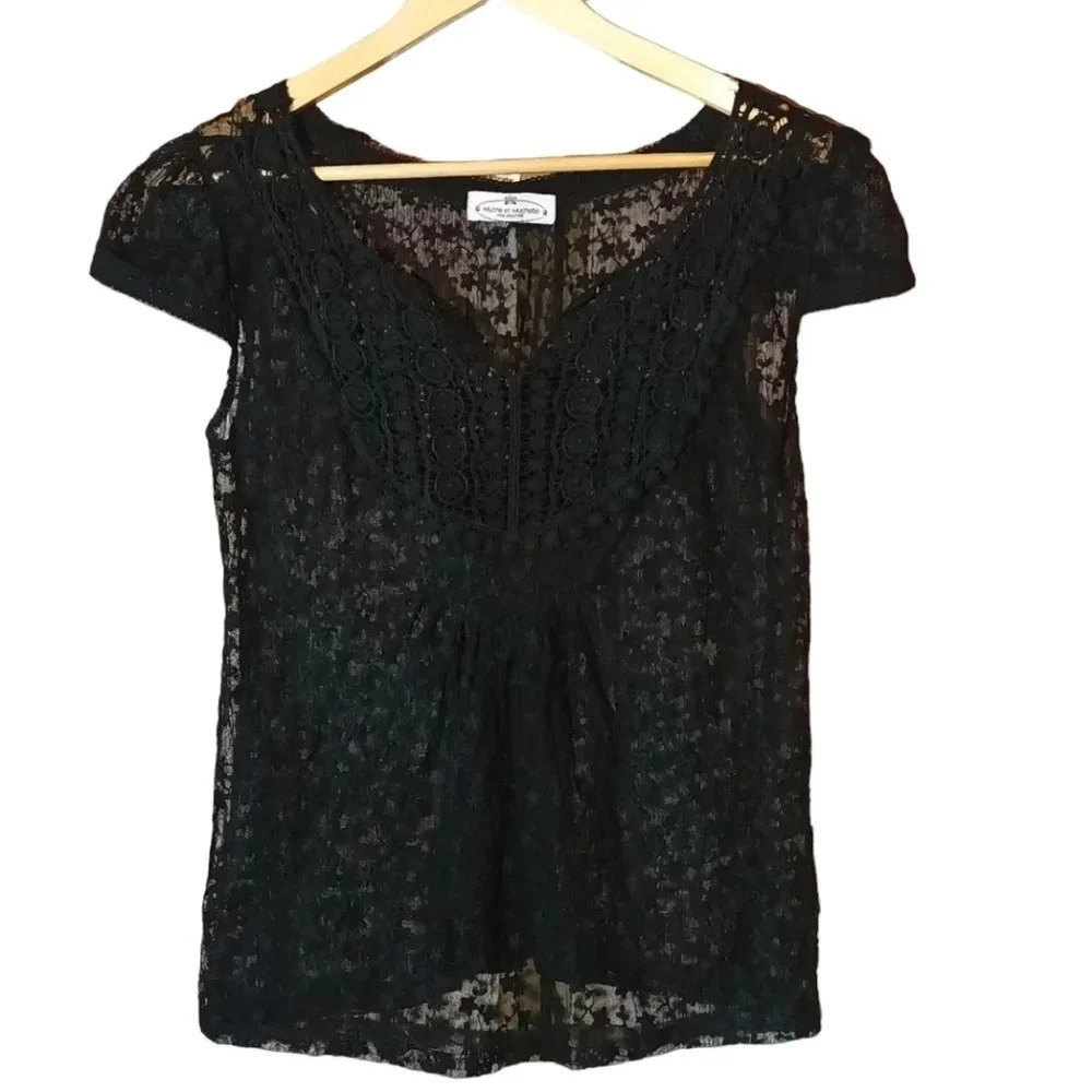 Muche et Muchette Black Lace Sheer Top Boho Romantic Floral Short Sleeve S/M
